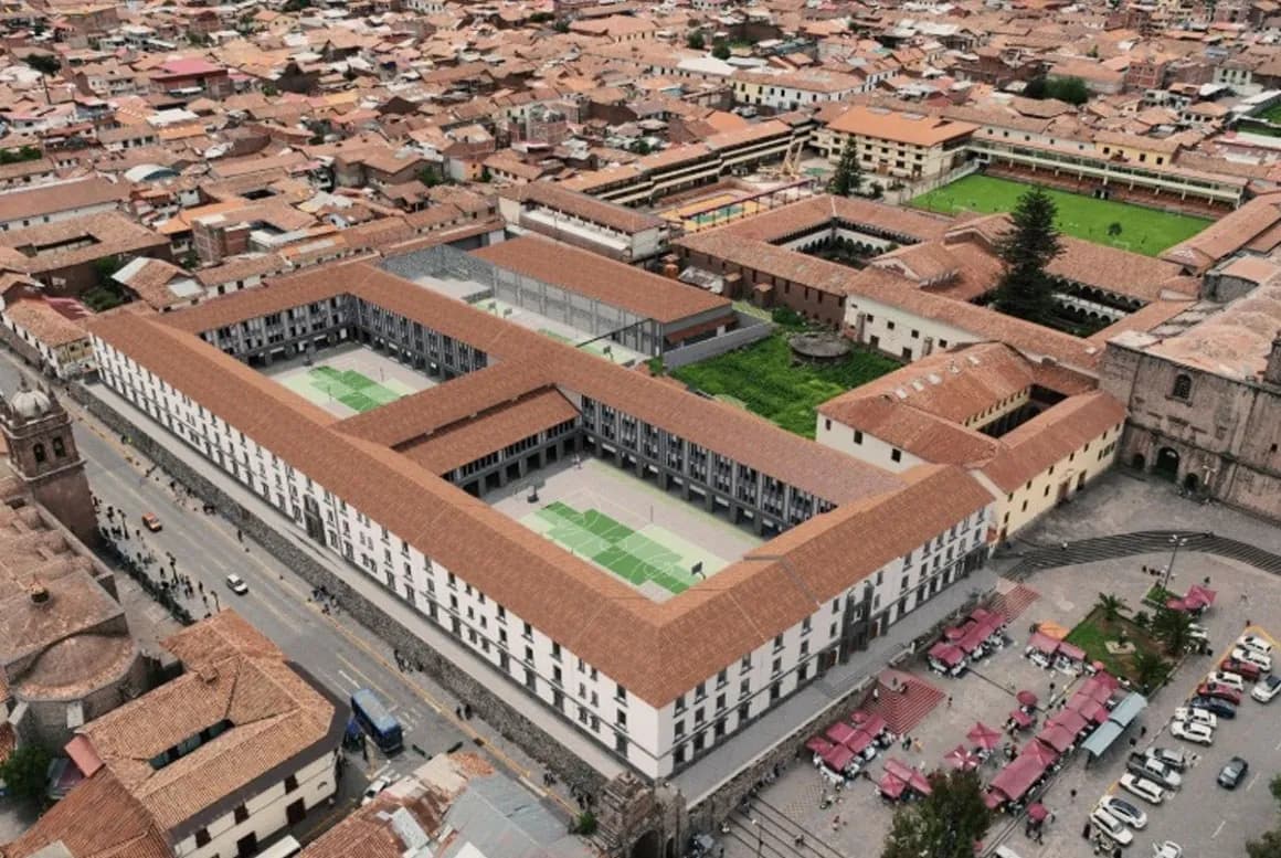 Vista aérea de la I.E. Ciencias del Cusco, obra supervisada por HK Consulting